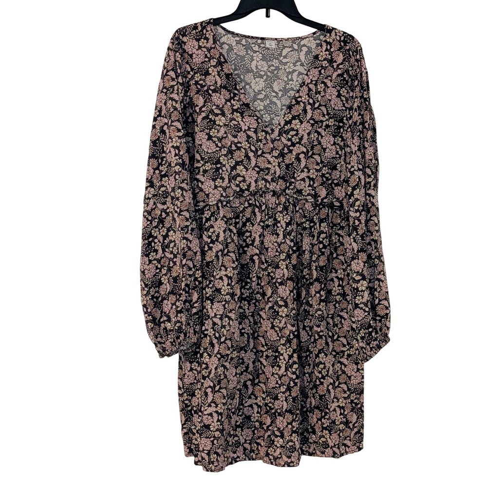 Old Navy Floral V-Neck Empire Waist Mini Dress Black Pink Large Tall Long Sleeve